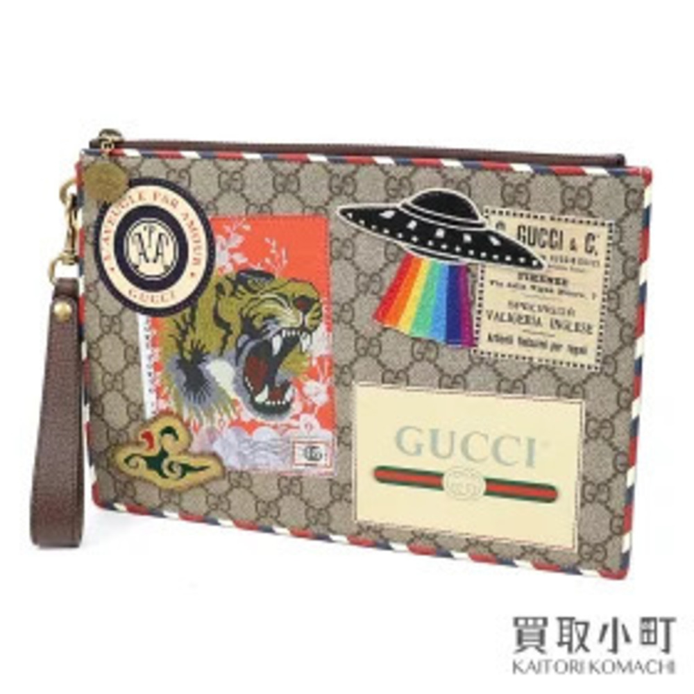 Gucci Courier GG Supreme Clutch Bag Embroidered Applique Tiger Patch Beige